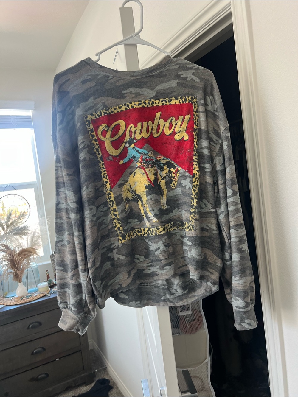 Cowboy Graphic Camo Pullover Sweater - Gray